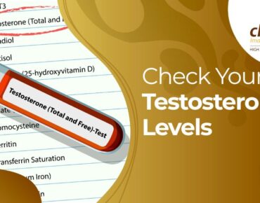 Close-up of blood collection tube labeled for testosterone hormone test.