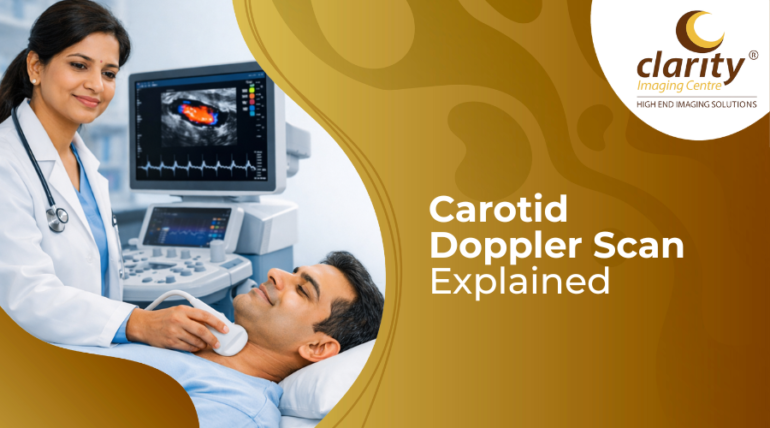 Carotid Doppler ultrasound scan showing blood flow in neck arteries